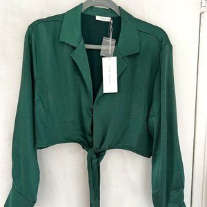 Green Satin Wrap Crop Blouse